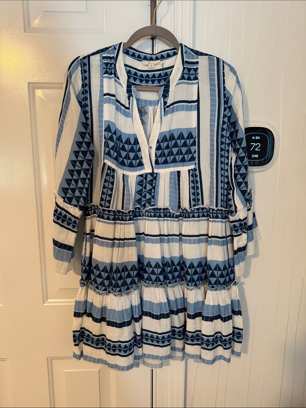 Elan Bohemian Tiered Blue and White Geometric Dress - Women